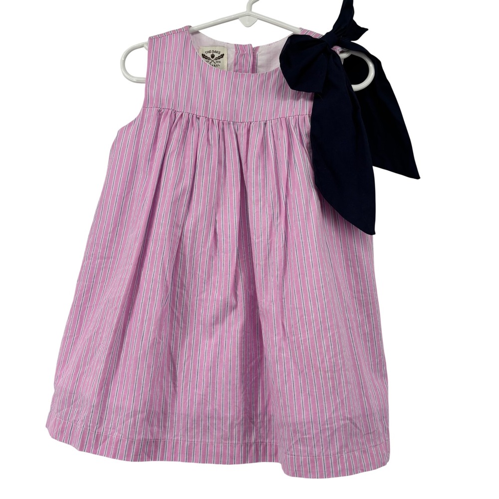 The Oaks Apparel Co Kids Pink Striped Sleeveless Dress with Navy Shoulder Bow